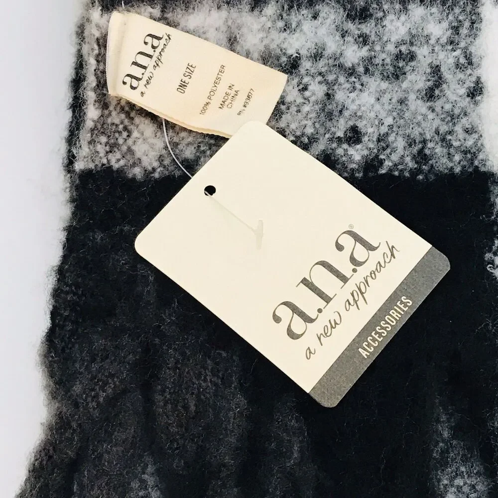 NWT a.n.a. A New Approach SOFT Plaid Scarf Black Gray White 80 inch plus Fringe
